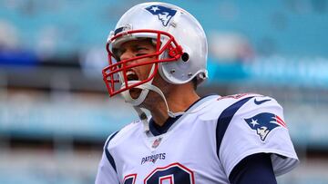 New England Patriots quarterback Tom Brady (12) screams prior to a game against the Jacksonville Jaguars, Sunday, Sept. 16th, 2018 in Jacksonville, Fla. Jaguars defeated the Patriots 31-20. (Logan Bowles via AP)
