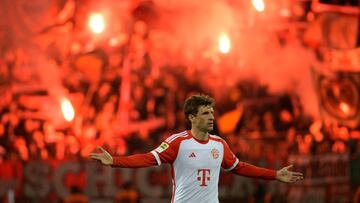 Bayern Munich's German forward #25 Thomas Mueller gestures during the German first division Bundesliga football match between Bayer 04 Leverkusen and FC Bayern Munich in Leverkusen, western Germany on February 10, 2024. (Photo by Sascha Schuermann / AFP) / DFL REGULATIONS PROHIBIT ANY USE OF PHOTOGRAPHS AS IMAGE SEQUENCES AND/OR QUASI-VIDEO