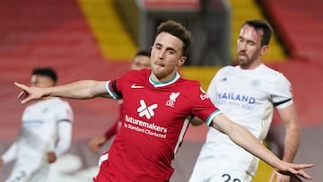 Liverpool's Portuguese striker Diogo Jota celebrates after scoring a goal during the English Premier League football match between Liverpool and Leicester City at Anfield in Liverpool, north west England on November 22, 2020. (Photo by Jon Super / PO