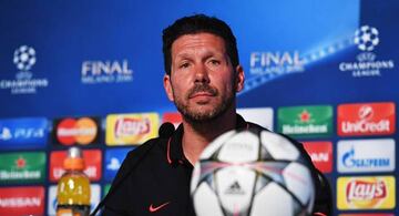 Diego Simeone of Atletico Madrid talks to the media during a Atletico de Madrid press conference
