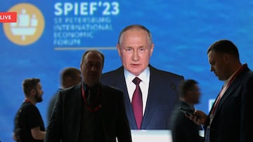 Russian President Vladimir Putin is on a screen during the broadcast of a plenary session at the St. Petersburg International Economic Forum (SPIEF) in Saint Petersburg, Russia, June 16, 2023. Yevgeny Biyatov/Host photo agency RIA Novosti via REUTERS ATTENTION EDITORS - THIS IMAGE WAS PROVIDED BY A THIRD PARTY. MANDATORY CREDIT.