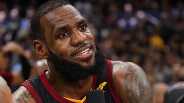 CLEVELAND, OH - MAY 05: LeBron James #23 of the Cleveland Cavaliers talks to a reporter after hitting the game winning shot to beat the Toronto Raptors 105-103 in Game Three of the Eastern Conference Semifinals during the 2018 NBA Playoffs at Quicken Loan