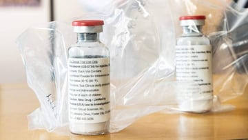 (FILES) This file photograph taken on April 8, 2020, shows vials of the drug &#039;remdesivir&#039; during a press conference concerning the start of a study with the Ebola drug to treat severely ill patients afflicted with coronavirus COVID-19, at The Un