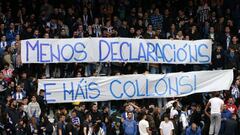 Los aficionados del Deportivo despliegan una pancarta durante el partido frente al Real Madrid de la &uacute;ltima jornada de Liga de Primera Divisi&oacute;n, disputado esta tarde en el estadio de Riazor.