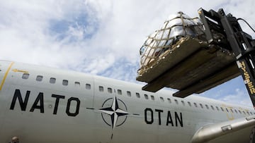 A Trainer Cargo Aircraft of the NATO Airborne Early Warning and Control Force (AWACS) ready to transport relief goods to Pakistan