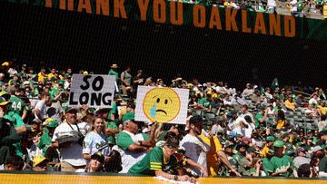 OAKLAND, CALIFORNIA - SEPTEMBER 26: A fan holds up a sign during the Oakland Athletics game against the Texas Rangers at the Oakland Coliseum on September 26, 2024 in Oakland, California. Today will be the final Athletics game played at the Coliseum. Ezra Shaw/Getty Images/AFP (Photo by EZRA SHAW / GETTY IMAGES NORTH AMERICA / Getty Images via AFP)