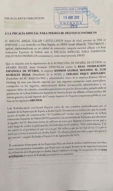 Galán denuncia a Piqué y
Rubiales en Anticorrupción