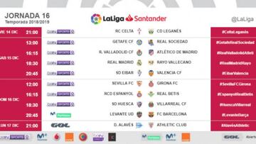 Horarios de la jornada 16 de LaLiga Santander.