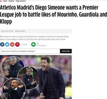 Mirror: Simeone quiere entrenar en la Premier League en 2018