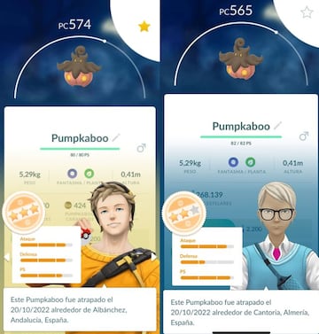 A la izquierda: atributos de un Pumpkaboo antes de ser intercambiado. A la derecha: atributos de ese mismo Pumpkaboo tras ser intercambiado