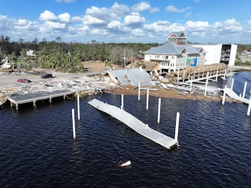 A drone view shows a flooded and damaged area in Steinhatchee, Florida.