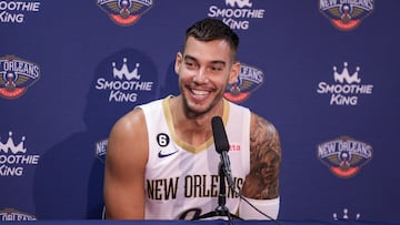 Sep 26, 2022; New Orleans, LA, USA; New Orleans Pelicans center Willy Hernangomez (9) during a press conference at the New Orleans Pelicans Media Day from the Smoothie King Center. Mandatory Credit: Stephen Lew-USA TODAY Sports