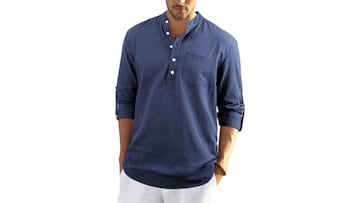 Comprar camisa de lino con cuello mao de color azul marino para hombre en Amazon