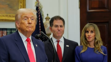 U.S. President Donald Trump looks on as he makes an announcement about "Trump accounts", accompanied by CEO of Dell Technologies Michael Dell and his wife Susan Dell, in the Roosevelt Room at the White House in Washington, D.C., U.S., December 2, 2025. REUTERS/Brian Snyder
