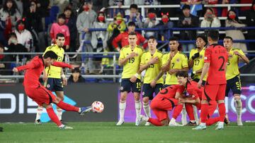 Soccer Football - International Friendly - South Korea v Colombia - Ulsan Munsu Football Stadium, Ulsan, South Korea - March 24, 2023 South Korea's Son Heung-min scores their second goal REUTERS/Kim Hong-Ji