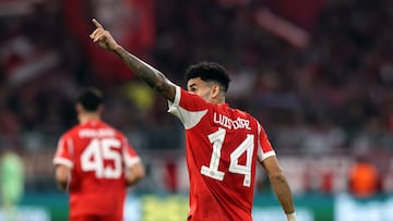 MUNICH, GERMANY - OCTOBER 22: Luis Diaz of Bayern Munich celebrates scoring his team's third goal during the UEFA Champions League 2025/26 League Phase MD3 match between FC Bayern München and Club Brugge KV at Football Arena Munich on October 22, 2025 in Munich, Germany. (Photo by Alexander Hassenstein/Getty Images)