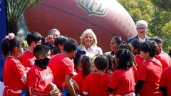 Head of the Federal Education Authority in Mexico City Luis Fernandez, U.S first lady Jill Biden, Diana Flores, quarterback of the Mexico Women’s National Flag football team and an NFL flag football ambassador, and Managing Director of NFL Mexico Arturo Olive attend a Tochito NFL flag football event, at the U.S. ambassador's residence, in Mexico City, Mexico January 9, 2023. REUTERS/Raquel Cunha