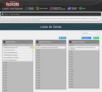 En la web oficial de Yu-Gi-Oh! tenemos un listado completo y siempre actualizado de los productos del TCG, y de las cartas que los componen