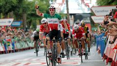 El italiano Elia Viviani (Quick Step) ha ganado al esprint de la tercera etapa de la Vuelta que se ha disputado entre Mijas y Alhaur&iacute;n de la Torre (M&aacute;laga), con un recorrido de 178,2 kil&oacute;metros. EFE/ Manuel Bruque