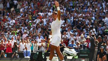 LONDON, ENGLAND - JULY 03: Rafael Nadal of Spain celebrates match point against Dudi Sela of Isreal during their Men's Singles first round match on day two of the Wimbledon Lawn Tennis Championships at All England Lawn Tennis and Croquet Club on Jul