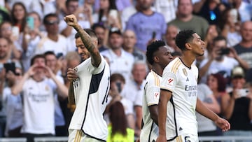 Soccer Football - LaLiga - Real Madrid v Osasuna - Santiago Bernabeu, Madrid, Spain - October 7, 2023 Real Madrid's Joselu celebrates scoring their fourth goal REUTERS/Isabel Infantes