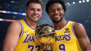 Luka Doncic y Bronny James, con el trofeo Larry O'Brien.