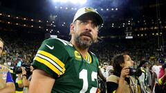GREEN BAY, WISCONSIN - SEPTEMBER 18: Aaron Rodgers #12 of the Green Bay Packers looks on after a win over the Chicago Bears at Lambeau Field on September 18, 2022 in Green Bay, Wisconsin.   Michael Reaves/Getty Images/AFP
