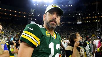 GREEN BAY, WISCONSIN - SEPTEMBER 18: Aaron Rodgers #12 of the Green Bay Packers looks on after a win over the Chicago Bears at Lambeau Field on September 18, 2022 in Green Bay, Wisconsin.   Michael Reaves/Getty Images/AFP