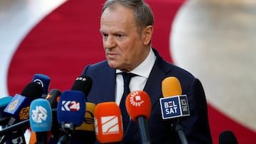 Polish Prime Minister Donald Tusk speaks to the media as he attends a European Union leaders special summit to discuss Ukraine and European defence, in Brussels, Belgium March 6, 2025. REUTERS/Stephanie Lecocq