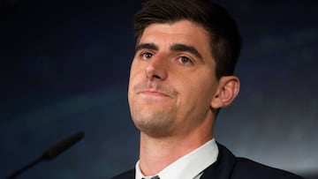MADRID, SPAIN - AUGUST 09:  Thibaut Courtois ponders a question during his press conference after being presented as a new Real Madrid signing in a six-year-deal at Estadio Santiago Bernabeu on August 9, 2018 in Madrid, Spain. (Photo by Denis Doyle/Getty 