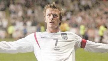 <b>GOLEADOR CON INGLATERRA. </b>Beckham marcó el segundo gol de Inglaterra en el minuto 62 del partido contra Azerbaiyán.
