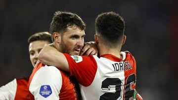 ROTTERDAM - (LR) Santiago Gimenez of Feyenoord, Oussama Idrissi of Feyenoord celebrate the 5-0 during the Dutch premier league match between Feyenoord and RKC Waalwijk at Feyenoord Stadion de Kuip on April 9, 2023 in Rotterdam, Netherlands. ANP MAURICE VAN STONE (Photo by ANP via Getty Images)