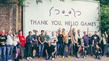 Cartel frente a las oficinas de Hello Games en Guildford, Reino Unido, pagado por los fans del juego en 2019 como agradecimiento a sus esfuerzos de los últimos años. Ver para creer.