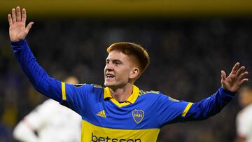 Boca Juniors' defender Valentin Barco celebrates after scoring during the Copa Libertadores group stage second leg football match between Argentina's Boca Juniors and Venezuela's Monagas at La Bombonera stadium in Buenos Aires on June 29, 2023. (Photo by JUAN MABROMATA / AFP)