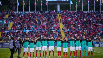  Players of Mexico during the game Chile vs Mexico (Mexican National team), corresponding to group A of Mens Soccer at the XIX Pan American Games Santiago de Chile 2023, at Elias Figueroa Stadium, on October 23, 2023. 

<br><br>

 Players de Mexico durante el partido Chile vs Mexico (Seleccion Mexicana), correspondiente al grupo A del Futbol Masculino en los XIX Juegos Panamericanos Santiago de Chile 2023, en el Estadio Elias Figueroa, el 23 de Octubre de 2023.