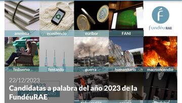 MADRID, 26/12/2023.- Las doce candidatas a palabra del a?o 2023 seleccionadas por la Fundaci¨®n del Espa?ol Urgente (Fund¨¦uRAE), promovida por la Real Academia Espa?ola y la Agencia EFE, y que se conocer¨¢ ma?ana 27 de diciembre, son: amnist¨ªa, ecosilencio, eur¨ªbor, FANI, fediverso, fentanilo, guerra, humanitario, macroincendio, polarizaci¨®n, se¨ªsmo y ultrafalso. EFE