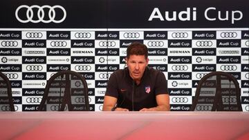 MUNICH, GERMANY - AUGUST 01: Diego Simeone of Atlectico Madrid attends a press conference during the Audi Cup 2017 match between Club Atletico de Madrid and SSC Napoli at Allianz Arena on August 1, 2017 in Munich, Germany. (Photo by Alex Grimm/Bongarts/Getty Images for Audi)