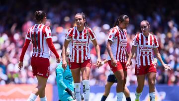 Camille Franco, Damaris Godinez of Guadalajara during the Quarter-Finals second leg match between Pumas UNAM and Guadalajara as part of the Torneo Clausura 2025, Liga MX Femenil at Olimpico Universitario Stadium on April 27, 2025 in Mexico City, Mexico.