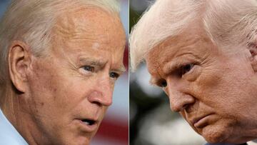 Esta combinaci&oacute;n de fotos de archivo creadas el 15 de octubre de 2020 muestra al candidato presidencial dem&oacute;crata Joe Biden (izq.) Hablando en Tampa, Florida el 15 de septiembre de 2020 y al presidente de los Estados Unidos, Donald Trump, hablando con los periodistas mientras se dirige a bordo del Marine One. desde el Jard&iacute;n Sur de la Casa Blanca en Washington, DC el 26 de septiembre de 2020.