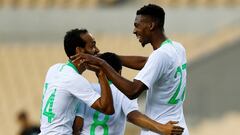 Soccer Football - International Friendly - Saudi Arabia v Greece - Estadio de La Cartuja, Seville, Spain - May 15, 2018   Saudi Arabia&#039;s Mohammed Kanno celebrates scoring their second goal with team mates            REUTERS/Marcelo Del Pozo