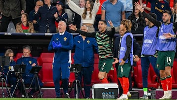 Portugal's forward #07 Cristiano Ronaldo (C) reacts during the UEFA Nations League final football match between Portugal and Spain in Munich, southern Germany on June 8, 2025. (Photo by Odd Andersen / AFP)