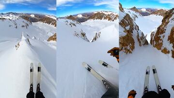 Adrià Millan esquiando en tres momentos de una línea en la cordillera de los Andes, Argentina, en verano del 2023, invierno austral.