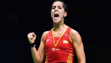 Carolina Marín celebra su victoria ante Sayaka Sato en octavos de final del Mundial de Bádminton que se está celebrando en Nanjing, Jiangsu.
