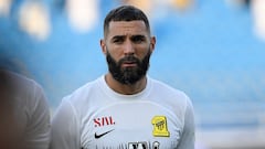 (FILES) Ittihad's French forward #09 Karim Benzema poses during a team photo before the Saudi Pro League football