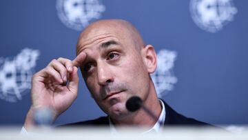 (FILES) Spanish Royal Football Federation (RFEF) president Luis Rubiales gives a press conference on July 19, 2019 at Las Rozas football sports city near Madrid, to announce that Luis Enrique steps down as Spain coach for personal reasons and will be replaced by assistant coach Robert Moreno. FIFA said on October 30, 2023 it had imposed a three-year ban on former Spanish football chief Luis Rubiales following his forced kiss on the lips of World Cup winner Jenni Hermoso. (Photo by OSCAR DEL POZO / AFP)