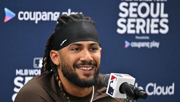 San Diego Padres' Fernando Tatis Jr. speaks during a press conference prio to a baseball workout at Gocheok Sky Dome in Seoul on March 16, 2024, ahead of the 2024 MLB Seoul Series baseball game between Los Angeles Dodgers and San Diego Padres. (Photo by Jung Yeon-je / AFP)