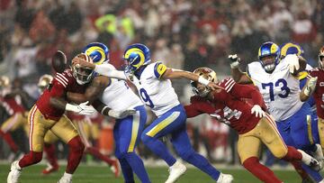 SANTA CLARA, CALIFORNIA - DECEMBER 12: Matthew Stafford #9 of the Los Angeles Rams attempts to pass against the San Francisco 49ers during the second quarter in the game at Levi's Stadium on December 12, 2024 in Santa Clara, California. Ezra Shaw/Getty Images/AFP (Photo by EZRA SHAW / GETTY IMAGES NORTH AMERICA / Getty Images via AFP)