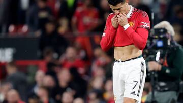 MANCHESTER, UNITED KINGDOM - SEPTEMBER 8: Cristiano Ronaldo of Manchester United disappointed during the UEFA Europa League match between Manchester United v Real Sociedad at the Old Trafford on September 8, 2022 in Manchester United Kingdom (Photo by David S. Bustamante/Soccrates/Getty Images)