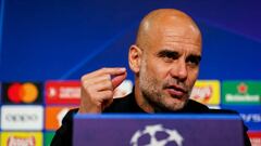 MUNICH, GERMANY - APRIL 19: Coach Pep Guardiola of Manchester City gestures whiel attending a press conference after the UEFA Champions League Quarterfinal Second Leg match between FC Bayern Munchen and Manchester City at the Allianz Arena on April 19, 2023 in Munich, Germany (Photo by Rene Nijhuis/BSR Agency/Getty Images)