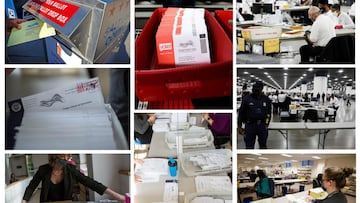 (COMBO) This combination of pictures created on November 04, 2020 shows (from top to bottom, left to right column) a man drops off his mail-in-ballot at a dropbox in Salt Lake City, Utah, on October 29, 2020; ballots are seen before counting at Northampto